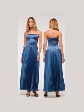 Abercrombie & Fitch Giselle Drop-Waist Maxi Dress- satin blue pleated